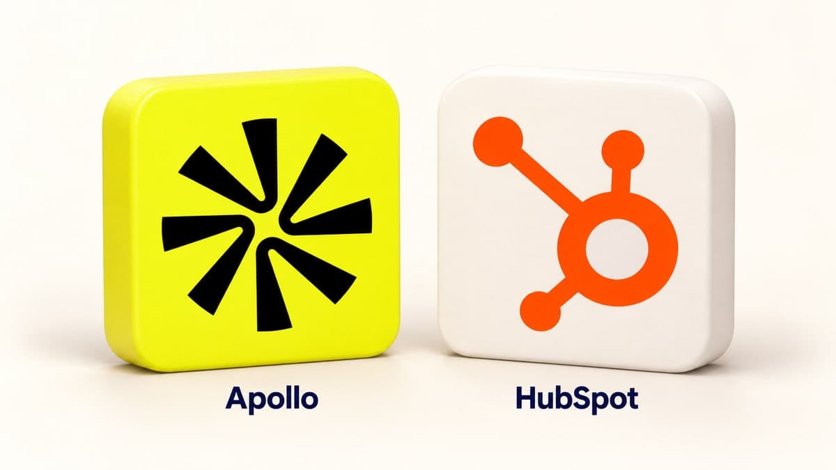 Apollo and HubSpot logos on dimensional tiles for a sales tool comparison.
