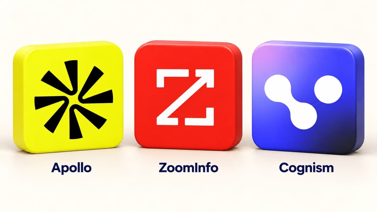 Apollo, ZoomInfo and Cognism logos on dimensional tiles for a data provider comparison.