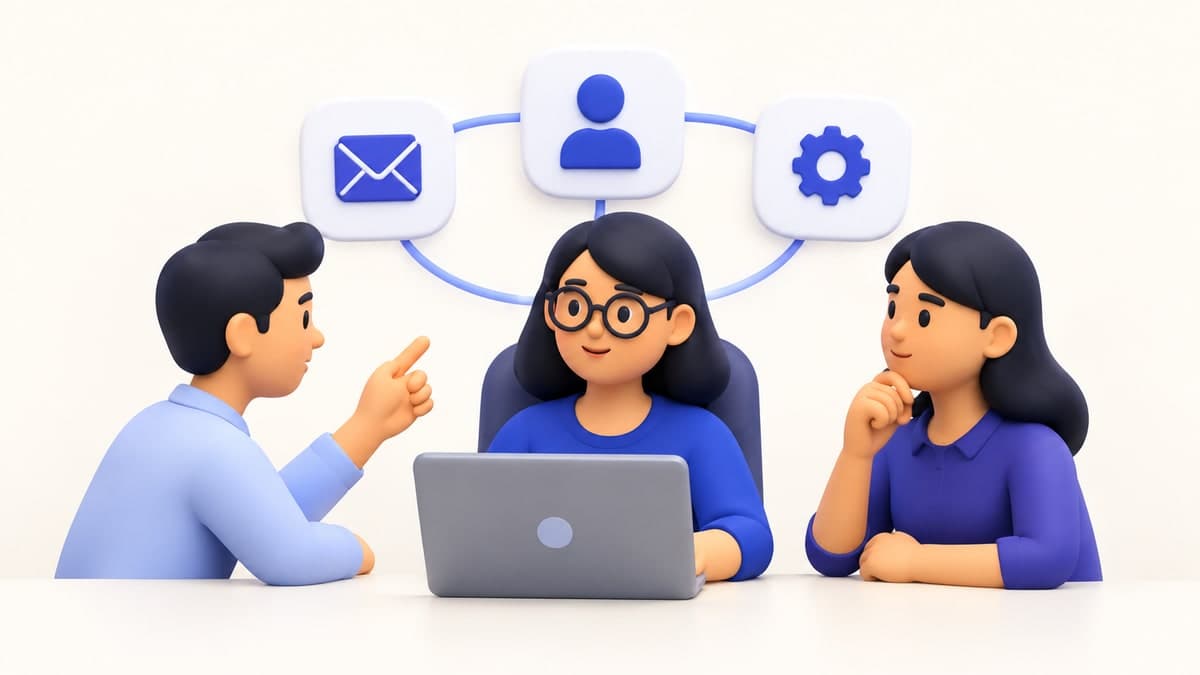 Three sales colleagues choosing a workflow together around a laptop.