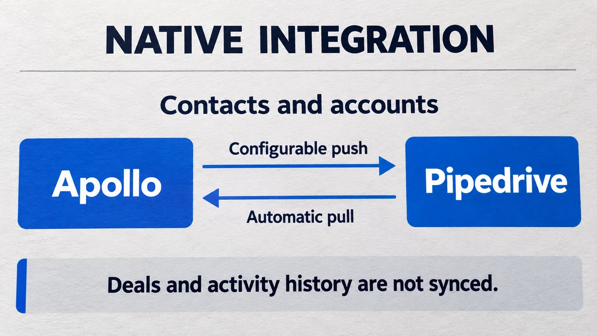 Native Apollo and Pipedrive integration diagram distinguishes contact sync from deal history