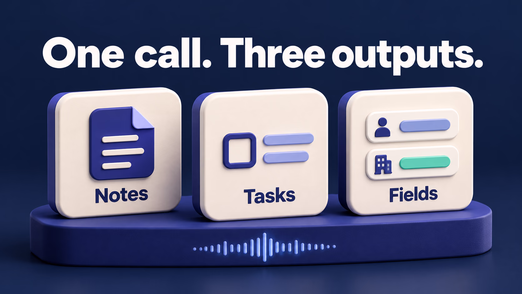 Three separate 3D cards distinguish meeting notes, follow-up tasks and CRM fields