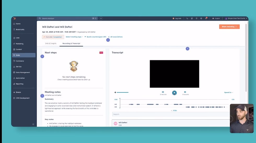 HubSpot Hacks demo showing meeting notes, an empty Next steps panel, and the recording and transcript area