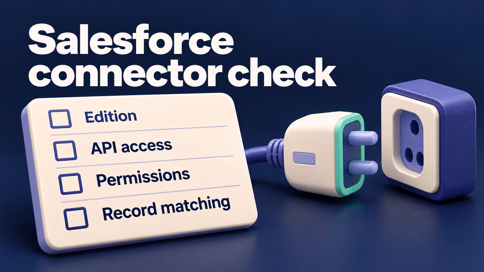 Salesforce connector requirements shown as four open checks: edition, API access, permissions and record matching